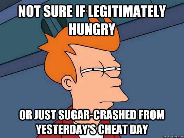 NOT SURE IF LEGITIMATELY HUNGRY OR JUST SUGAR-CRASHED FROM YESTERDAY'S CHEAT DAY - NOT SURE IF LEGITIMATELY HUNGRY OR JUST SUGAR-CRASHED FROM YESTERDAY'S CHEAT DAY  Futurama Fry