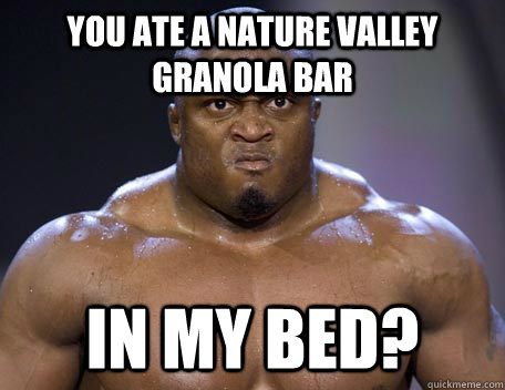 You ate a nature valley granola bar in my bed?  Are you kidding me