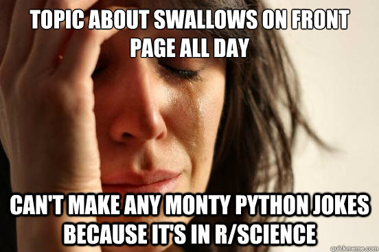 Topic about Swallows on front page all day Can't make any Monty Python jokes because it's in R/Science  First World Problems