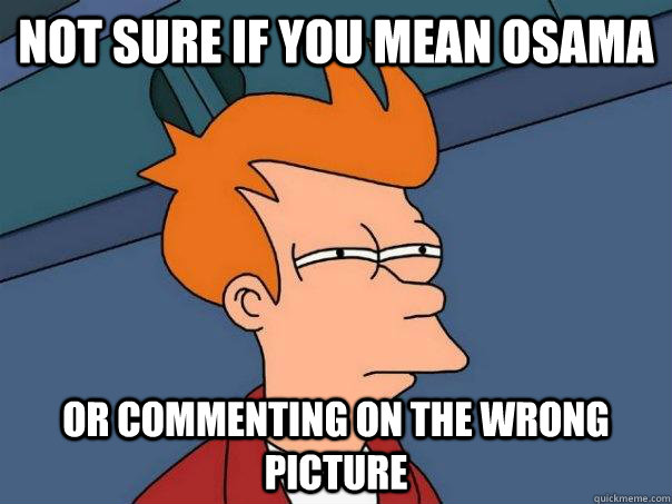 Not sure if you mean osama or commenting on the wrong picture  Futurama Fry