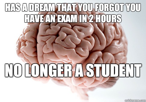 has a dream that you forgot you have an exam in 2 hours  No longer a student  - has a dream that you forgot you have an exam in 2 hours  No longer a student   Scumbag Brain