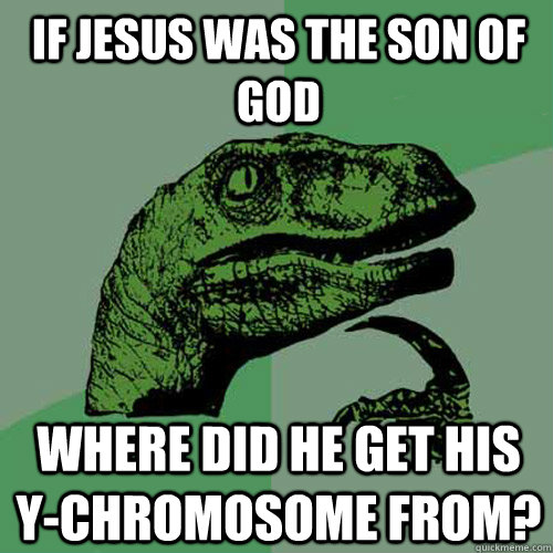 if jesus was the son of God where did he get his Y-chromosome from? - if jesus was the son of God where did he get his Y-chromosome from?  Philosoraptor