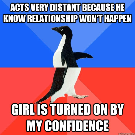 acts very distant because he know relationship won't happen girl is turned on by my confidence  Socially Awkward Awesome Penguin