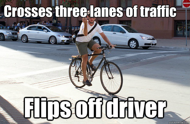 Crosses three lanes of traffic Flips off driver  - Crosses three lanes of traffic Flips off driver   BikerBird