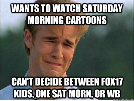 Wants to watch Saturday morning cartoons can't decide between Fox17 kids, One Sat Morn, or WB  1990s Problems