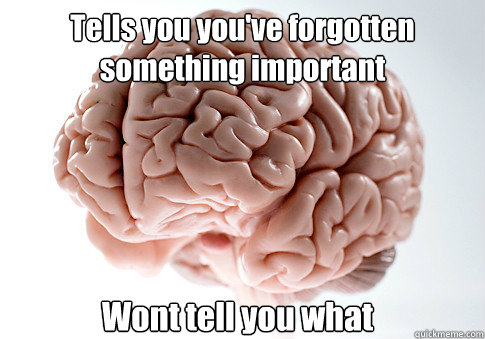 Tells you you've forgotten something important  Wont tell you what - Tells you you've forgotten something important  Wont tell you what  Scumbag Brain