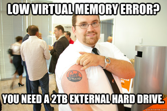 Low virtual memory error? You need a 2tb external Hard drive.  GeekSquad Gus