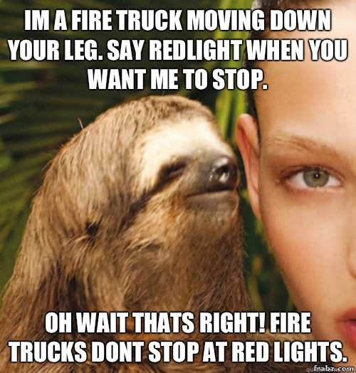 Im a fire truck moving down your leg. Say redlight when you want me to stop. Oh wait thats right! Fire trucks dont stop at red lights.  rape sloth