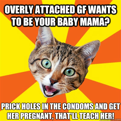 overly attached GF wants to be your baby mama? prick holes in the condoms and get her pregnant, that'll teach her!  Bad Advice Cat