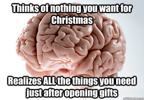 Thinks of nothing you want for Christmas Realizes ALL the things you need just after opening gifts   Scumbag Brain