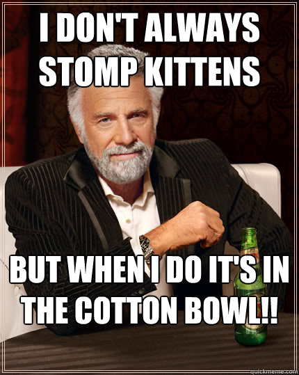 I DON'T ALWAYS STOMP KITTENS BUT WHEN I DO IT'S IN THE COTTON BOWL!! WPS!  Dos Equis man