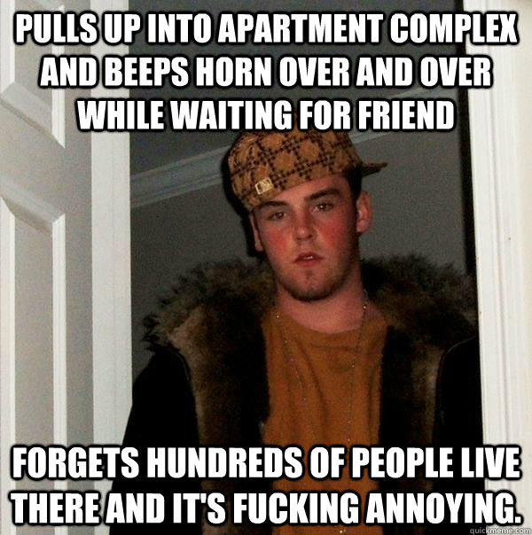 Pulls up into apartment complex and beeps horn over and over while waiting for friend forgets hundreds of people live there and it's fucking annoying.  