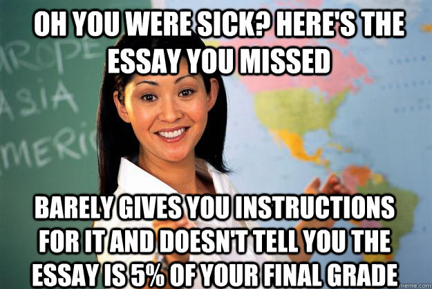 Oh you were sick? Here's the essay you missed Barely gives you instructions for it and Doesn't tell you the essay is 5% of your final grade  Unhelpful High School Teacher