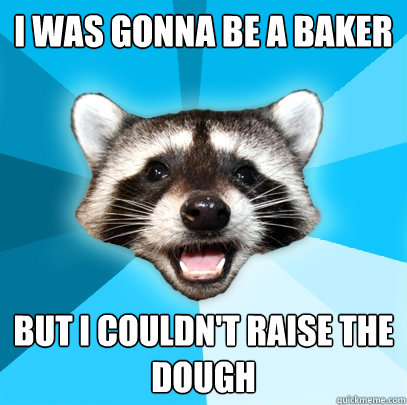 I was gonna be a baker but I couldn't raise the dough - I was gonna be a baker but I couldn't raise the dough  Lame Pun Coon