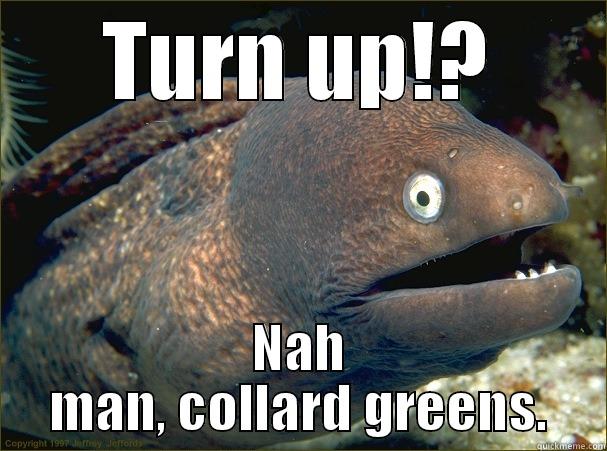 TURN UP? - TURN UP!? NAH MAN, COLLARD GREENS. Bad Joke Eel