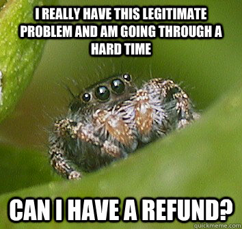 i really have this legitimate problem and am going through a hard time  can i have a refund?  Misunderstood Spider