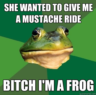 She wanted to give me a mustache ride Bitch I'm a frog  Foul Bachelor Frog