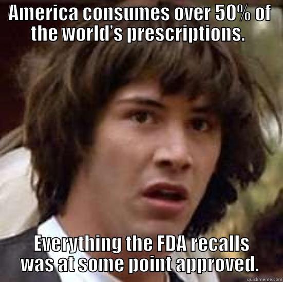 Shocking Facts about Drugs - AMERICA CONSUMES OVER 50% OF THE WORLD’S PRESCRIPTIONS.   EVERYTHING THE FDA RECALLS WAS AT SOME POINT APPROVED. conspiracy keanu