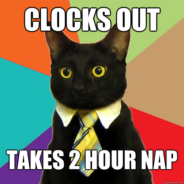 clocks out takes 2 hour nap Caption 3 goes here  Business Cat