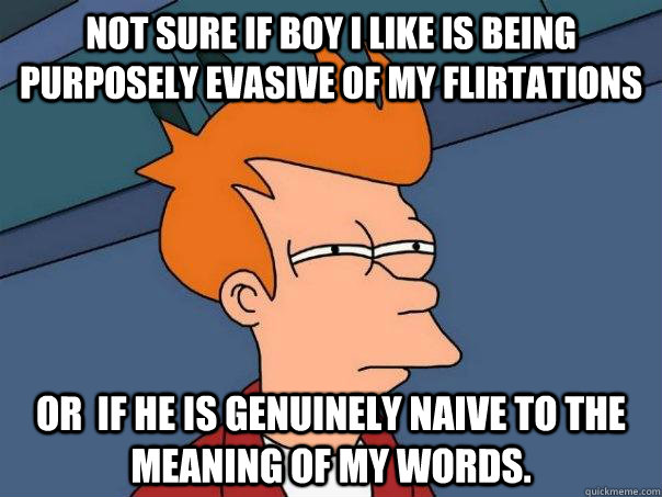 Not sure if boy I like is being purposely evasive of my flirtations or  if he is genuinely naive to the meaning of my words.   Futurama Fry