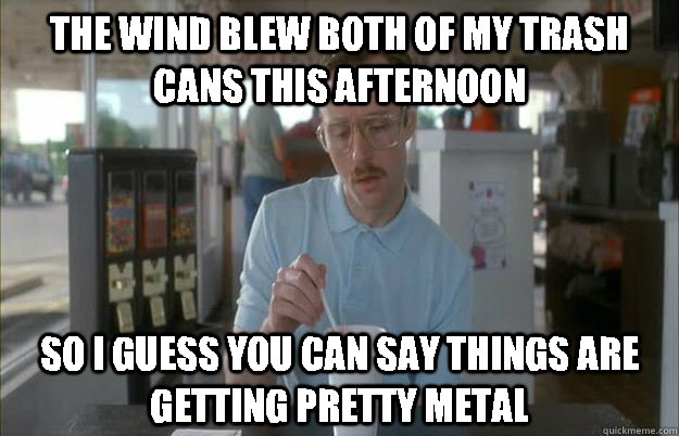 The wind blew both of my trash cans this afternoon So I guess you can say things are getting pretty metal  Things are getting pretty serious