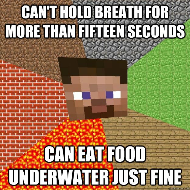 Can't hold breath for more than fifteen seconds Can eat food underwater just fine  Minecraft