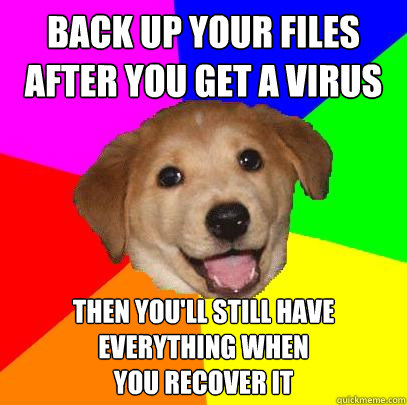 Back up your files after you get a virus Then you'll still have everything when 
you recover it  Advice Dog