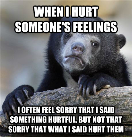 WHEN I HURT SOMEONE'S FEELINGS I OFTEN FEEL SORRY THAT I SAID SOMETHING HURTFUL, BUT NOT THAT SORRY THAT WHAT I SAID HURT THEM  Confession Bear