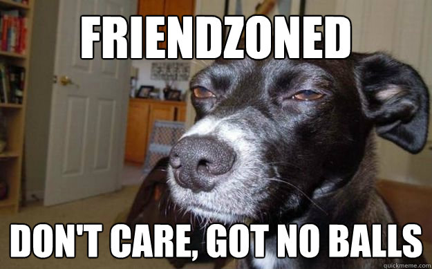 friendzoned don't care, got no balls  Skeptical Mutt