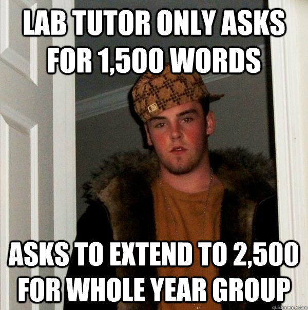 Lab tutor only asks for 1,500 words asks to extend to 2,500 for whole year group  Scumbag Steve