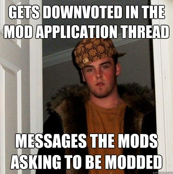 gets downvoted in the mod application thread messages the mods asking to be modded  Scumbag Steve