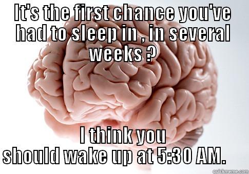 IT'S THE FIRST CHANCE YOU'VE HAD TO SLEEP IN , IN SEVERAL WEEKS ? I THINK YOU SHOULD WAKE UP AT 5:30 AM.      Scumbag Brain