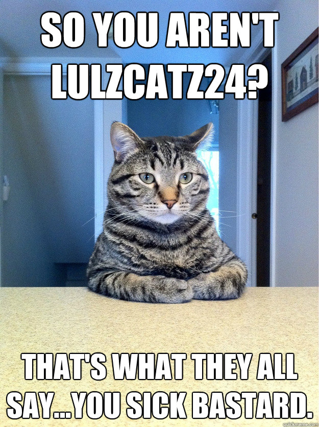 So you aren't LuLZCatz24? That's what they all say...you sick bastard.  Chris Hansen Cat