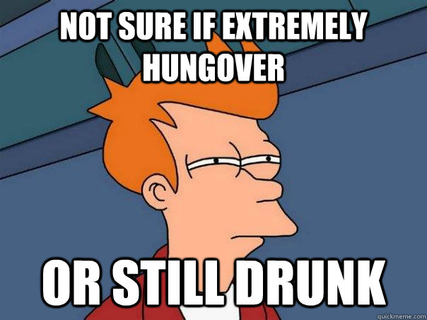 Not sure if extremely hungover Or still drunk  Futurama Fry