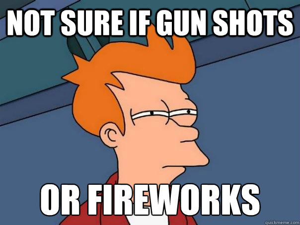 Not sure if gun shots or fireworks  Futurama Fry