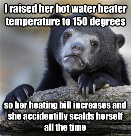 I raised her hot water heater temperature to 150 degrees so her heating bill increases and she accidentilly scalds herself all the time - I raised her hot water heater temperature to 150 degrees so her heating bill increases and she accidentilly scalds herself all the time  Confession Bear