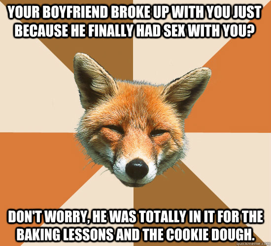 Your boyfriend broke up with you just because he finally had sex with you? Don't worry, he was totally in it for the baking lessons and the cookie dough.   Condescending Fox