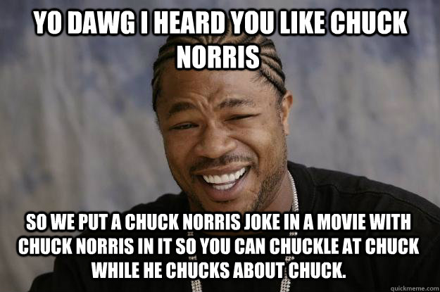  Yo dawg I heard you like chuck Norris so we put a chuck Norris joke in a movie with chuck Norris in it so you can chuckle at Chuck while he chucks about chuck.  Xzibit meme