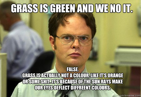 Grass is green and we no it. FALSE.  
Grass is actually not a colour, like it's orange or some shit. It's because of the sun rays make our eyes deflect diffreent colours. - Grass is green and we no it. FALSE.  
Grass is actually not a colour, like it's orange or some shit. It's because of the sun rays make our eyes deflect diffreent colours.  Schrute