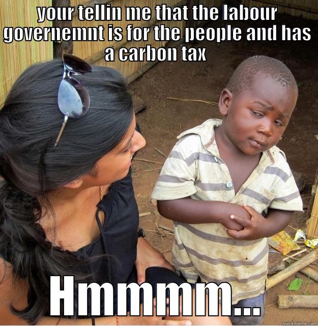 YOUR TELLIN ME THAT THE LABOUR GOVERNEMNT IS FOR THE PEOPLE AND HAS A CARBON TAX  HMMMM... Skeptical Third World Kid