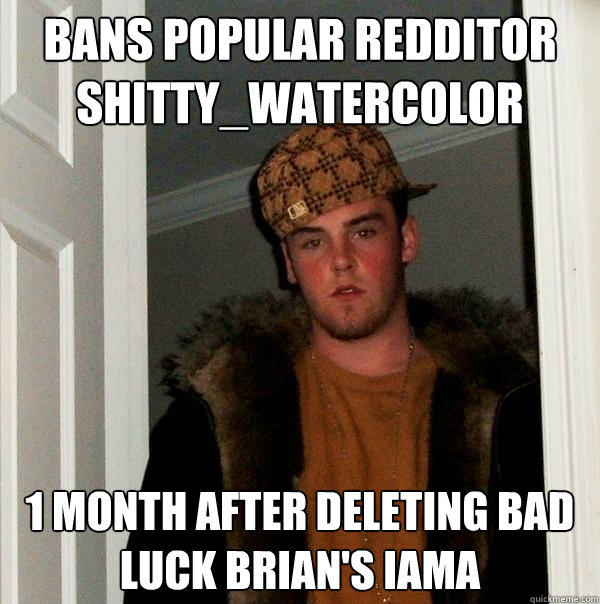 BANS POPULAR REDDITOR SHITTY_WATERCOLOR 1 MONTH AFTER DELETING BAD LUCK BRIAN'S IAMA - BANS POPULAR REDDITOR SHITTY_WATERCOLOR 1 MONTH AFTER DELETING BAD LUCK BRIAN'S IAMA  Scumbag Steve