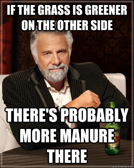 if the grass is greener on the other side there's probably more manure there  The Most Interesting Man In The World