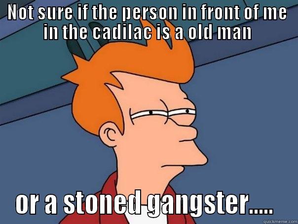 NOT SURE IF THE PERSON IN FRONT OF ME IN THE CADILAC IS A OLD MAN OR A STONED GANGSTER.....  Futurama Fry