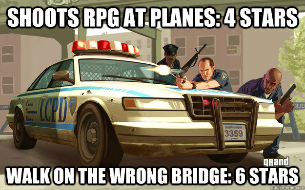 Shoots RPG at planes: 4 Stars Walk on the wrong bridge: 6 Stars   GTA Cop