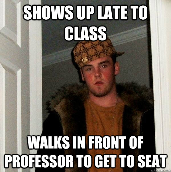 Shows up late to class Walks in front of professor to get to seat  Scumbag Steve