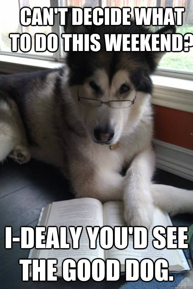 Can't decide what to do this weekend? I-Dealy you'd see the good dog.  Condescending Literary Pun Dog