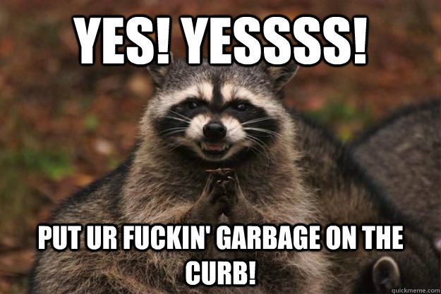 yes! yessss! put ur fuckin' garbage on the curb!  Evil Plotting Raccoon