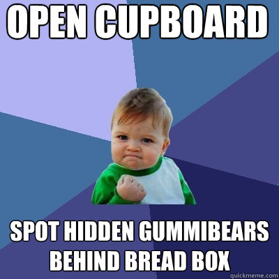 open cupboard spot hidden gummibears behind bread box  Success Kid