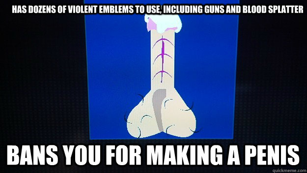 Has dozens of violent emblems to use, including guns and blood splatter Bans you for making a penis  