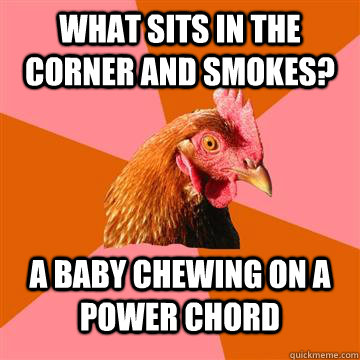 what sits in the corner and smokes? a baby chewing on a power chord   Anti-Joke Chicken